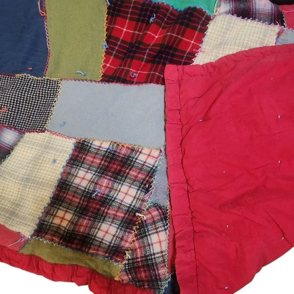 Vintage Handmade Patchwork Crazy Quilt Camp Blanket Wool Blend 78x62 Red Blue